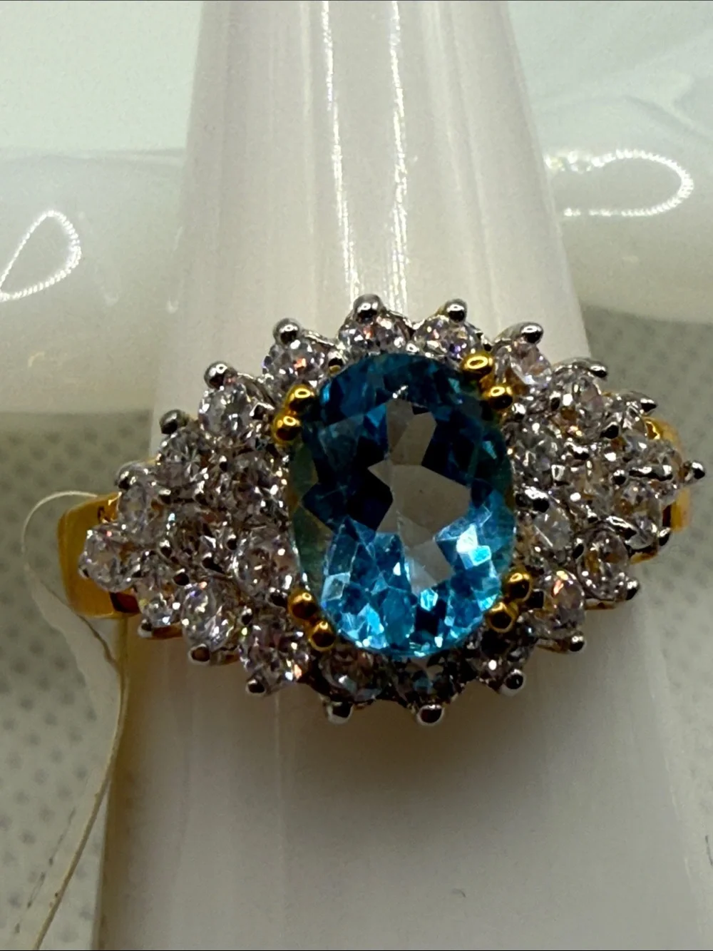 Vintage Blue Topaz Halo Cocktail Ring with Clear Accent CZ Stones plated piece